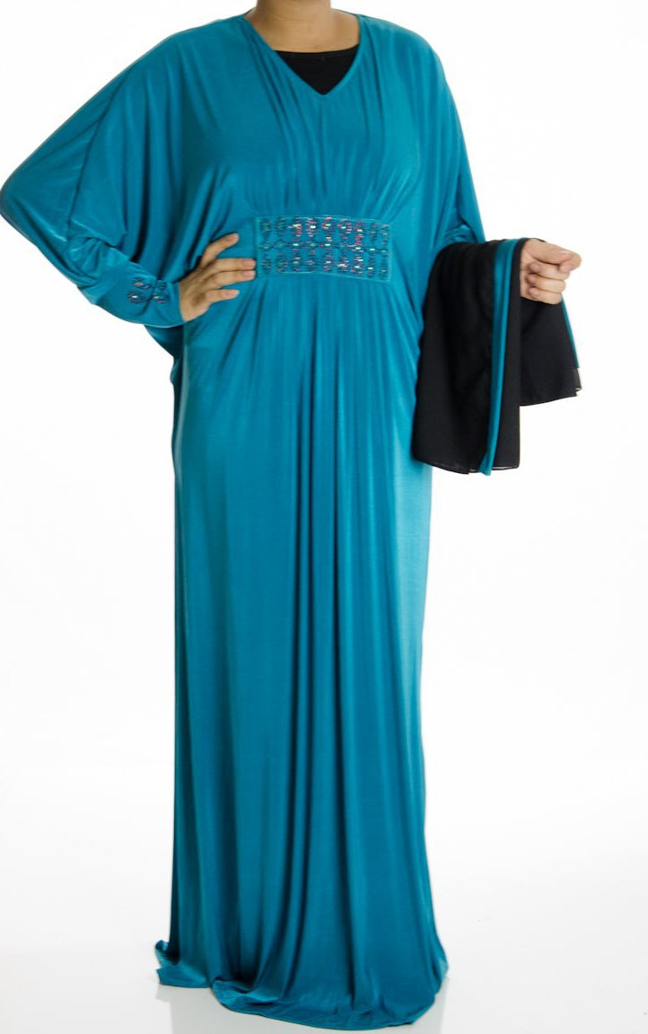 Teal Spiral Butterfly Jersey Abaya Kabayare