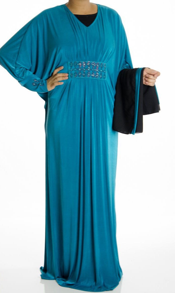 Teal Spiral Butterfly Jersey Abaya Kabayare