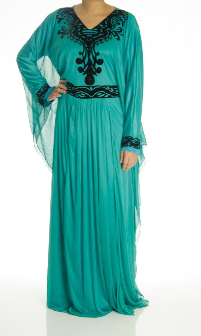 Teal Velvet Vine Kaftan Dress Kabayare