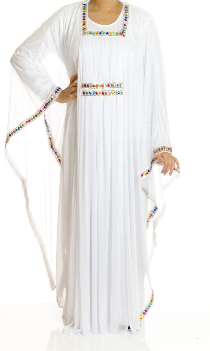 White 2-Piece Bedazzle Kaftan Dress Kabayare