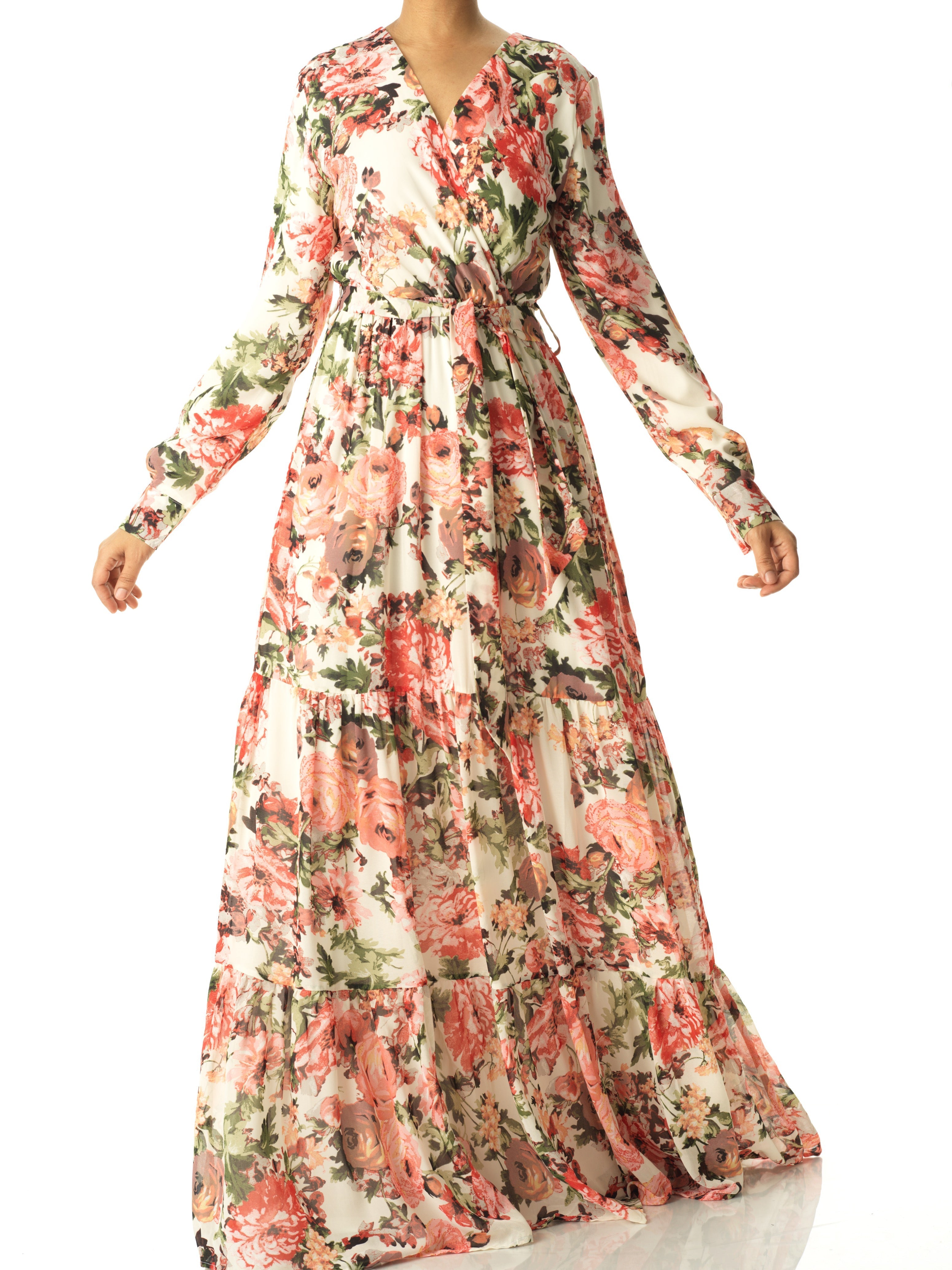 White Bloom Blush Floral Print Maxi Dress Kabayare