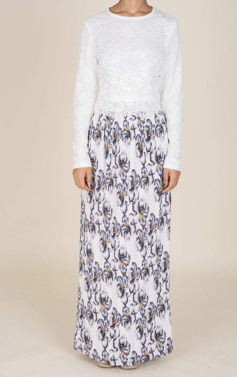 White Floral Pencil Pleated Skirt Kabayare