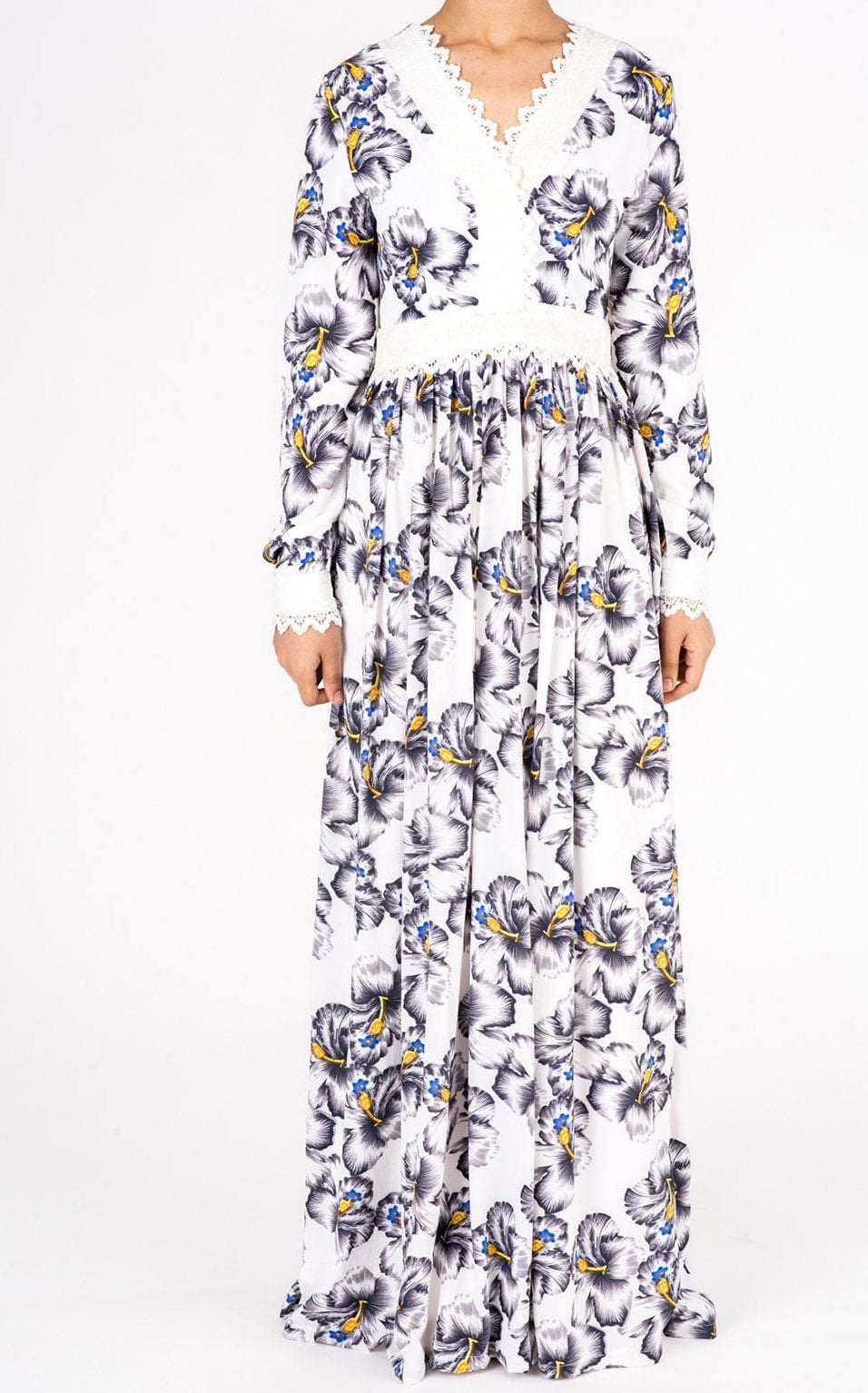 White Floral Print Lace-Up Maxi Dress Kabayare