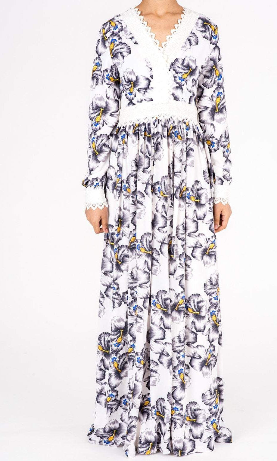 White Floral Print Lace-Up Maxi Dress Kabayare