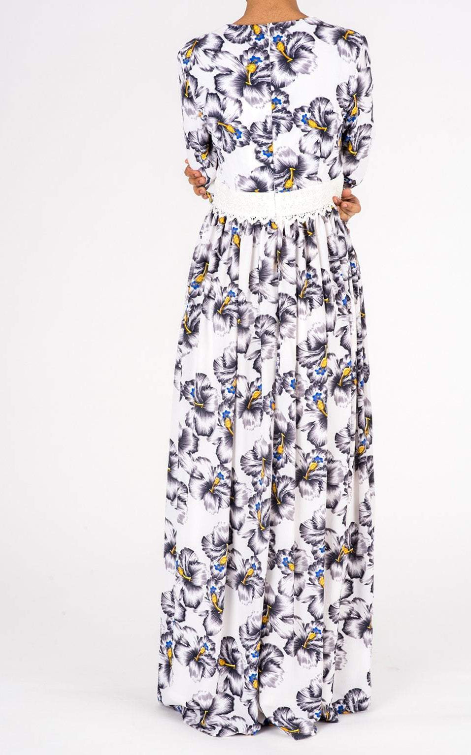 White Floral Print Lace-Up Maxi Dress Kabayare