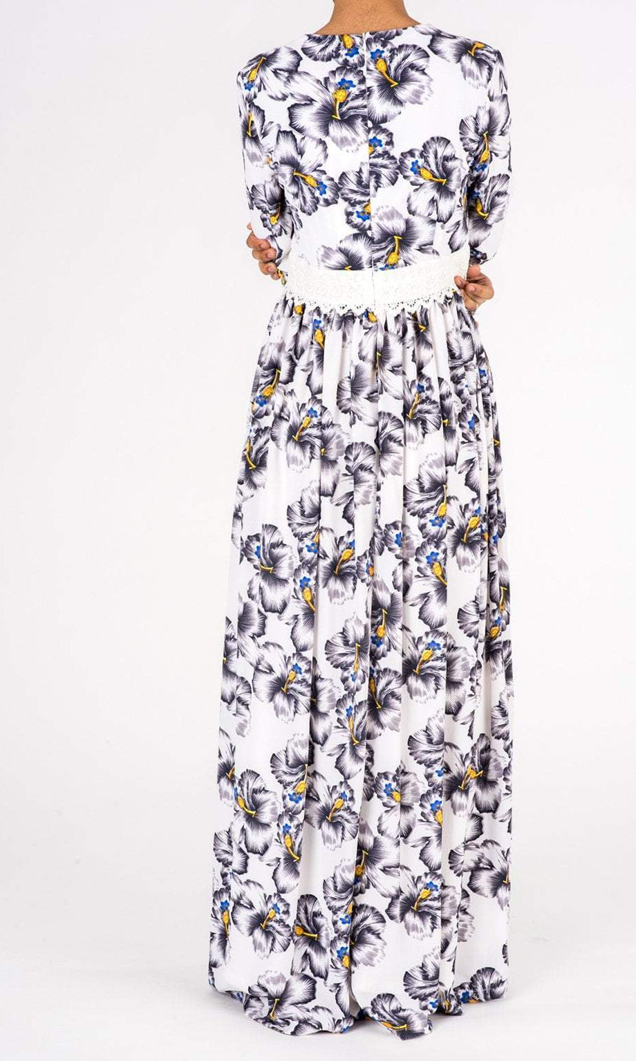White Floral Print Lace-Up Maxi Dress Kabayare