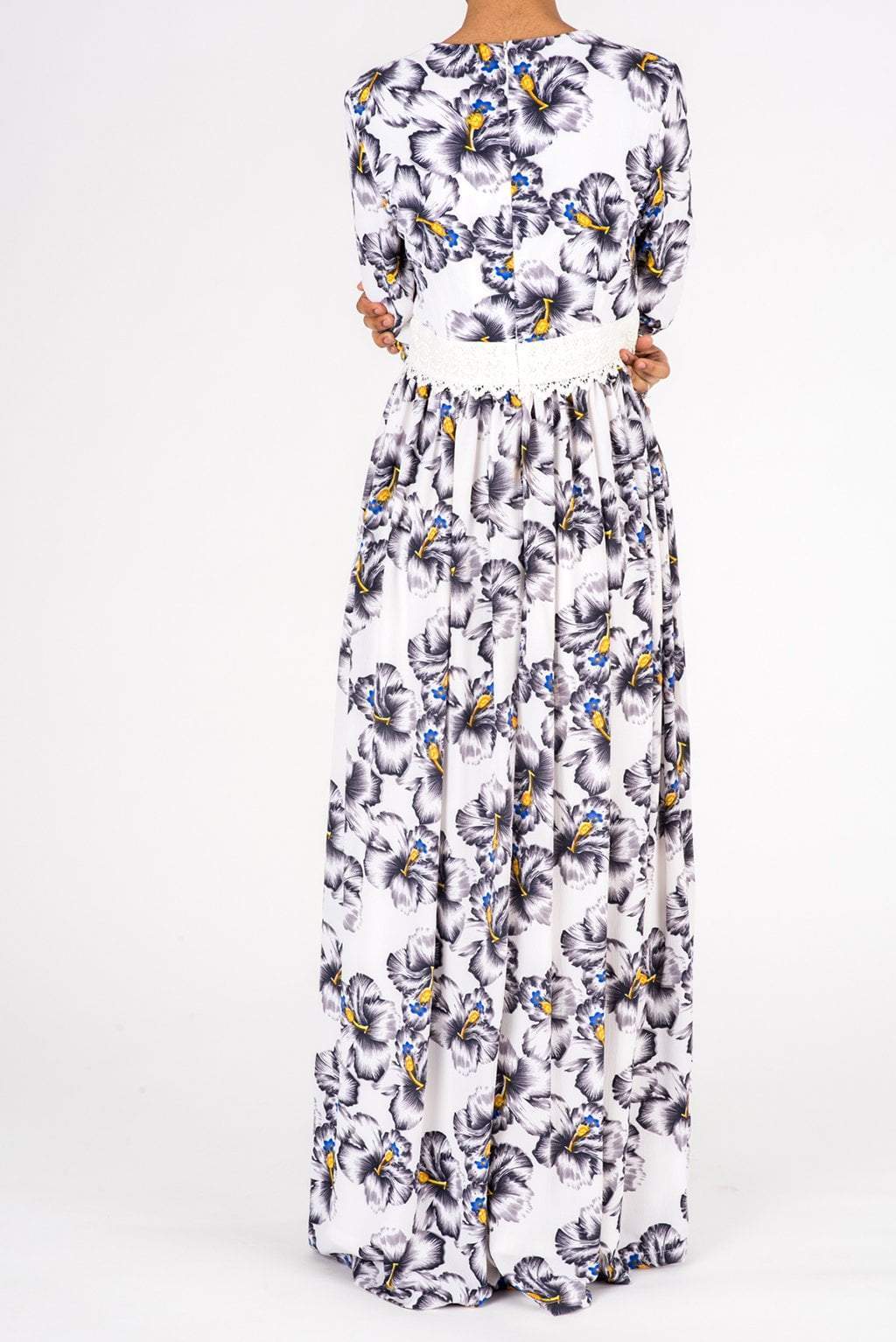 White Floral Print Lace-Up Maxi Dress Kabayare