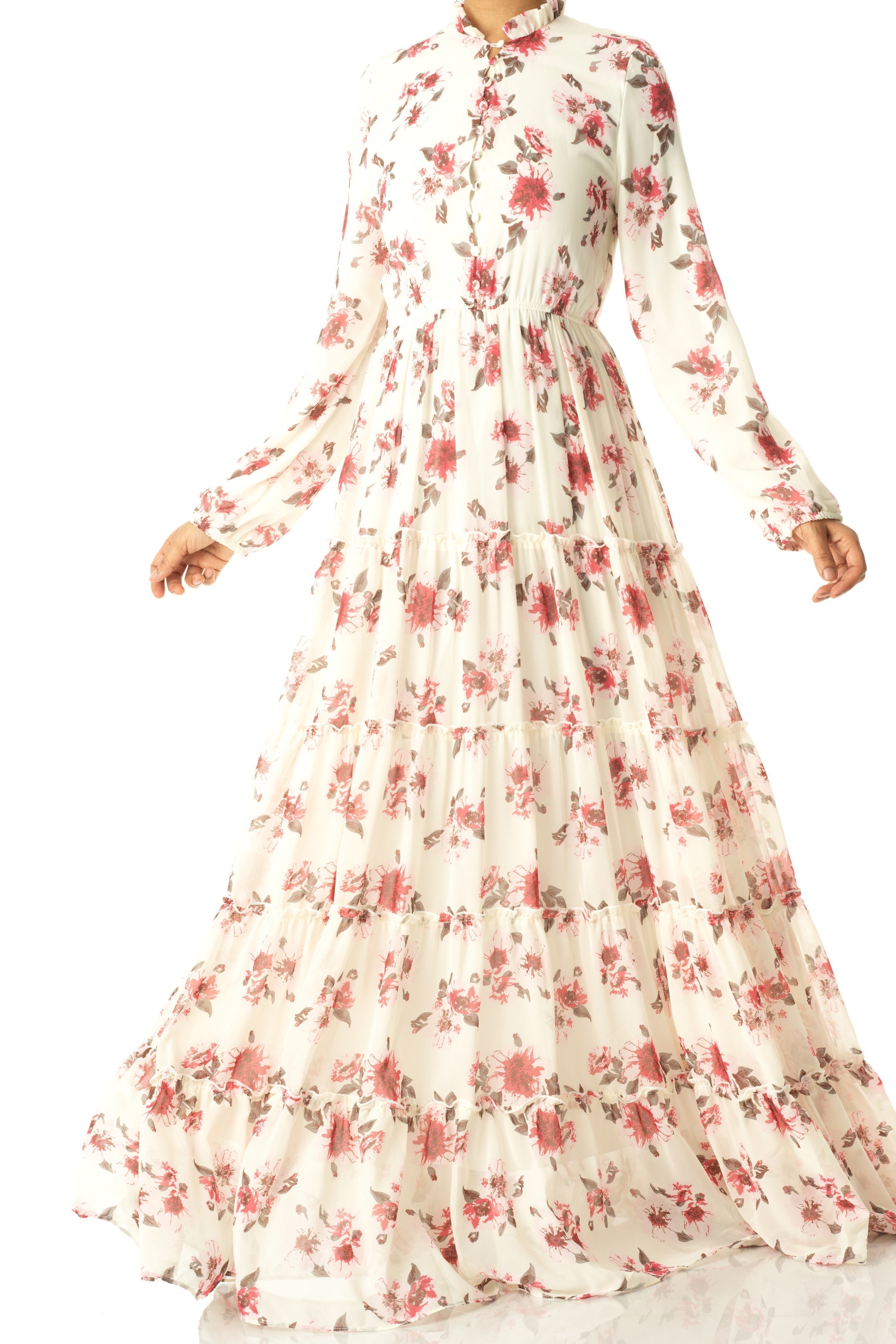 White Hibiscus floral print modest maxi dress Kabayare