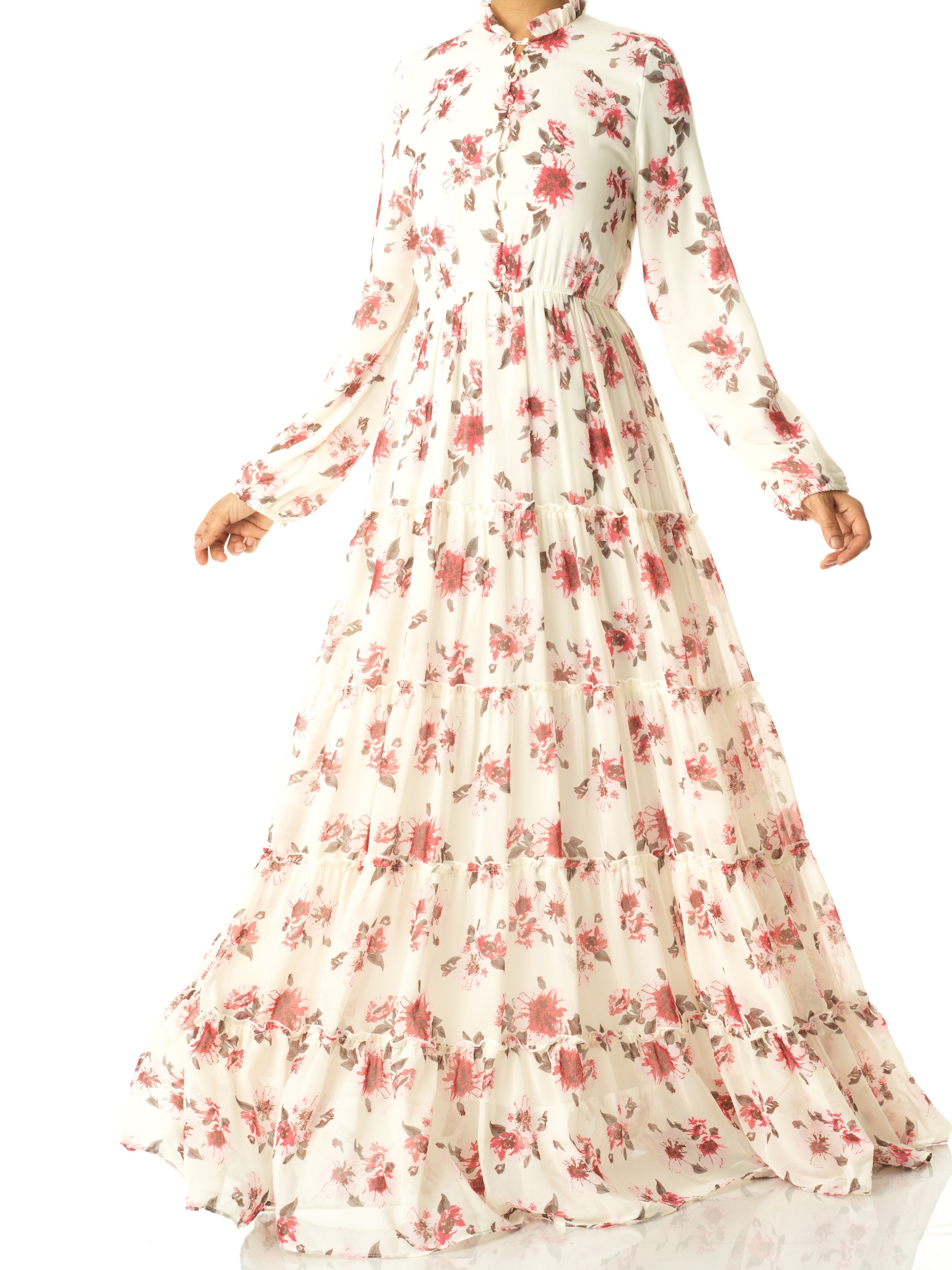 White Hibiscus floral print modest maxi dress Kabayare