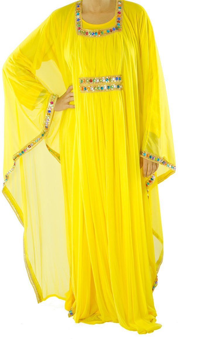 Yellow 2-Piece Bedazzle Kaftan Dress Kabayare