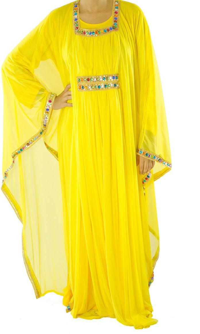 Yellow 2-Piece Bedazzle Kaftan Dress Kabayare