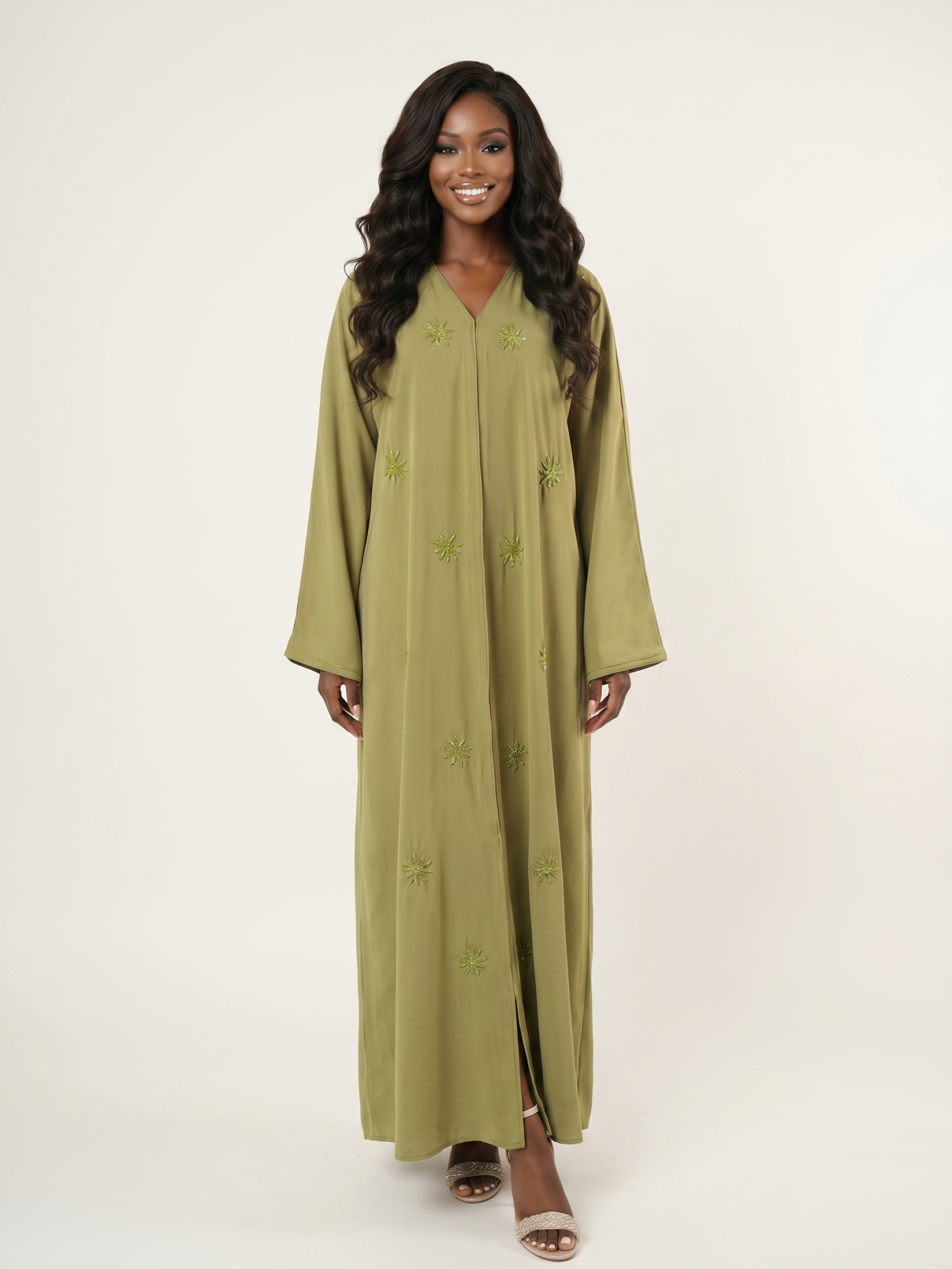 Olive Green Embellished Maxi Abaya Dress with Beaded Floral Details