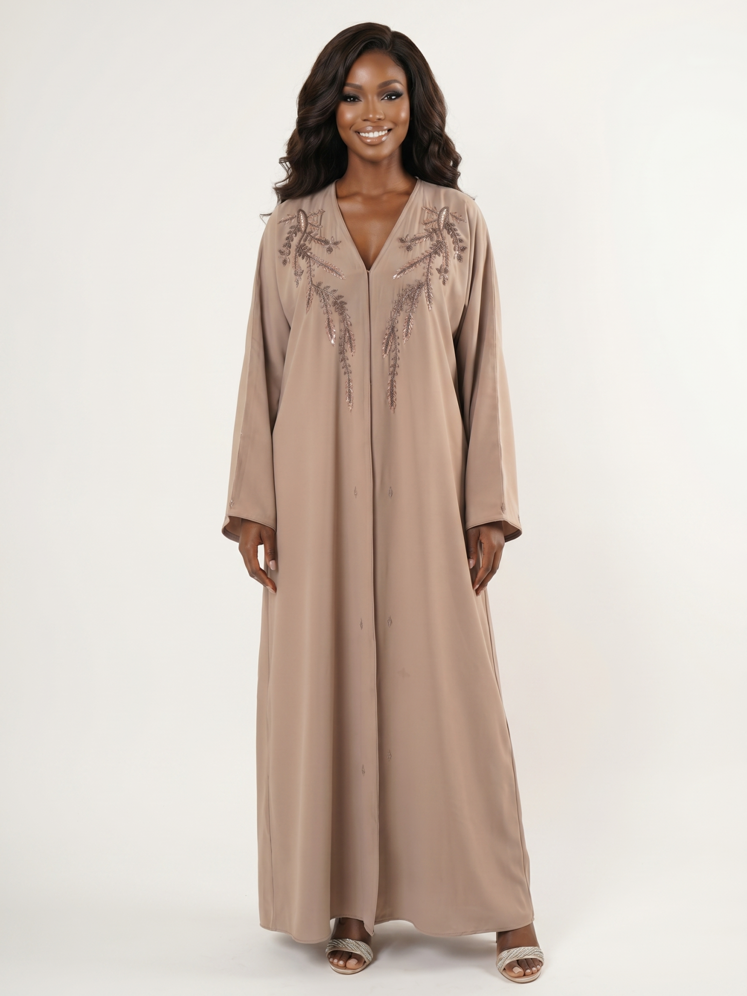 Elegant Beige Embellished Maxi Abaya Dress