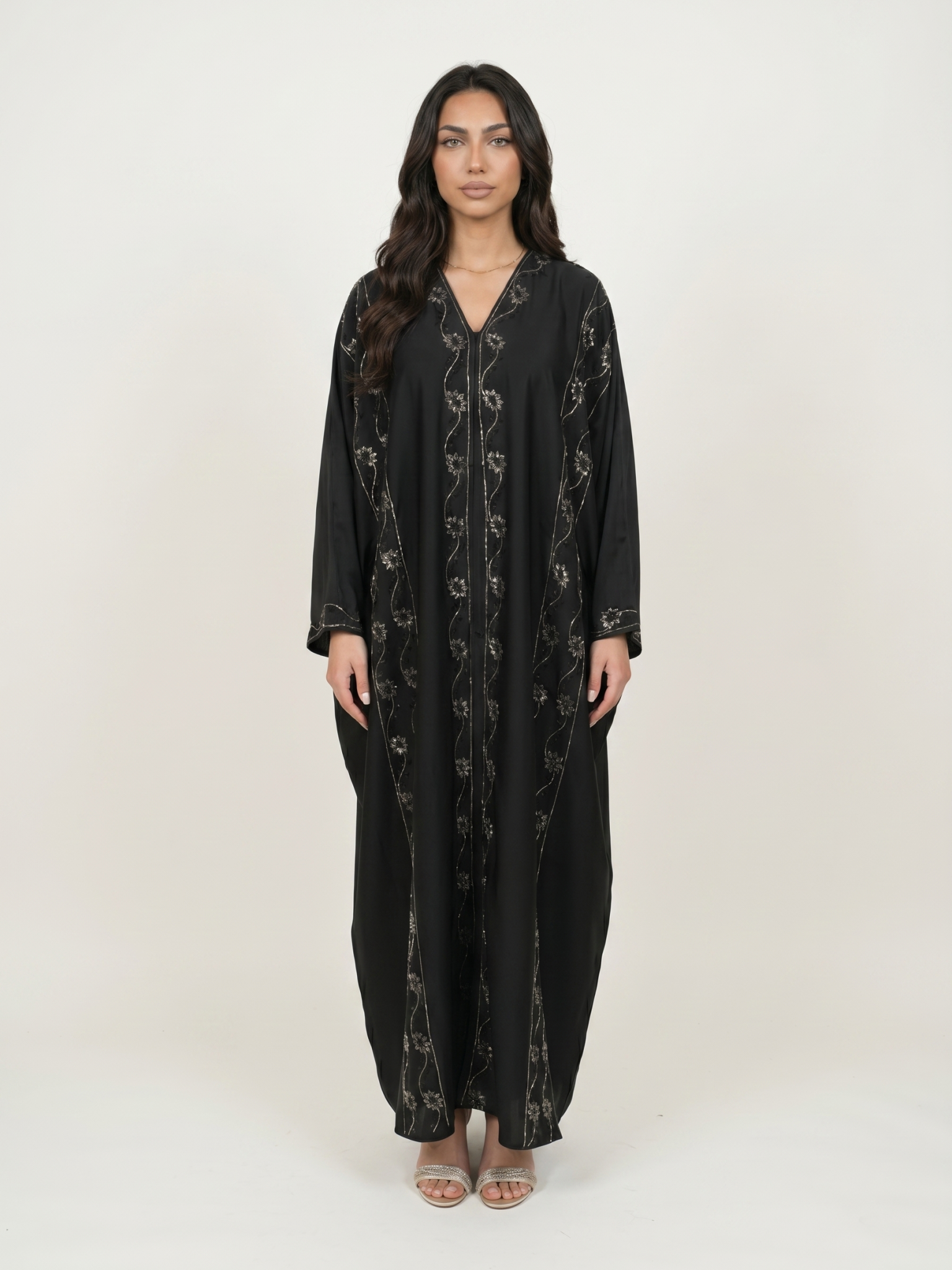 Elegant Black Satin Embellished Abaya Maxi Dress