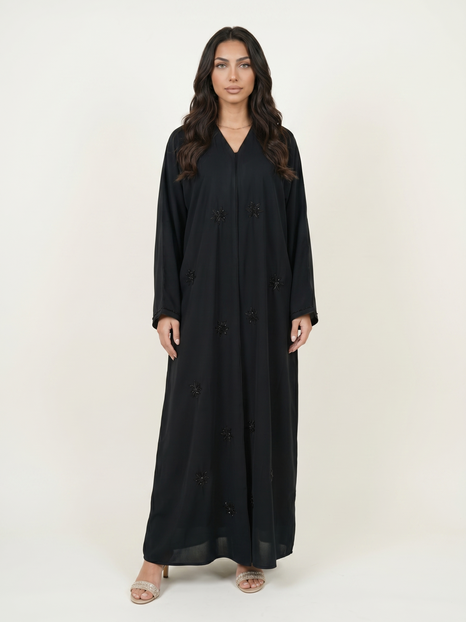 Black Embellished Maxi Abaya Kaftan Dress with Beaded Motifs