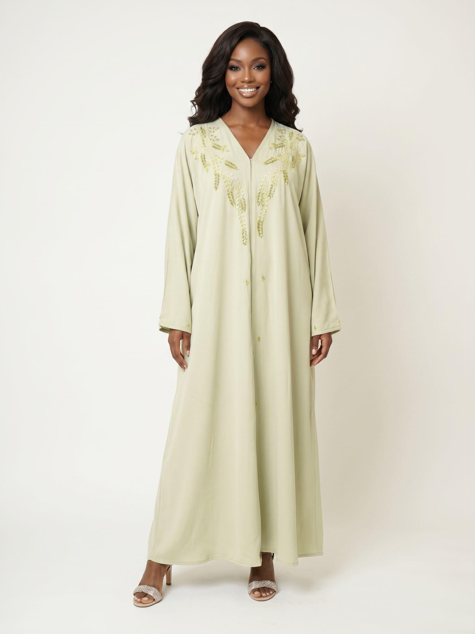 Sage Green Embroidered Kaftan Maxi Dress