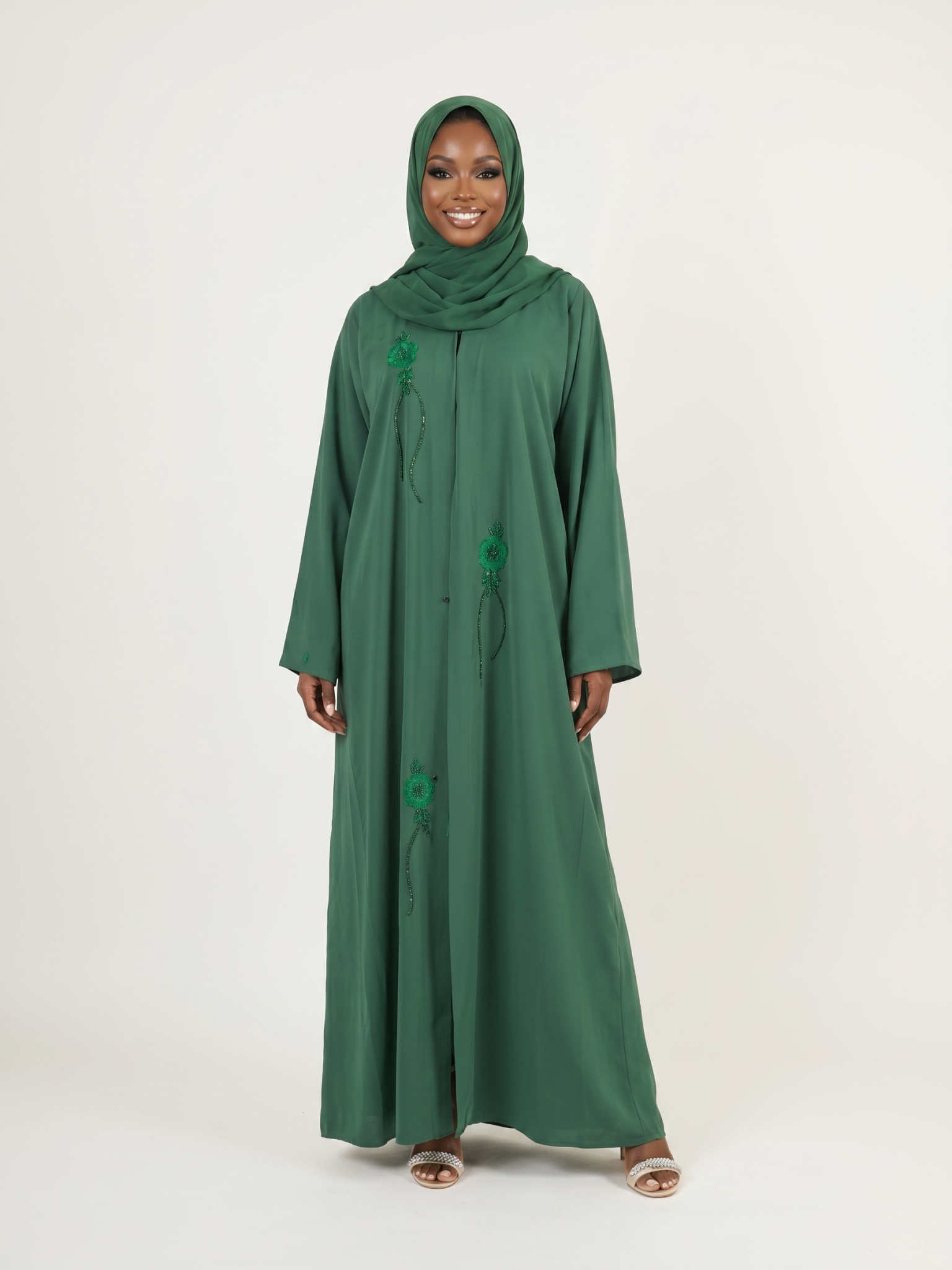 Emerald Green Embroidered Open Abaya Dress with Matching Hijab