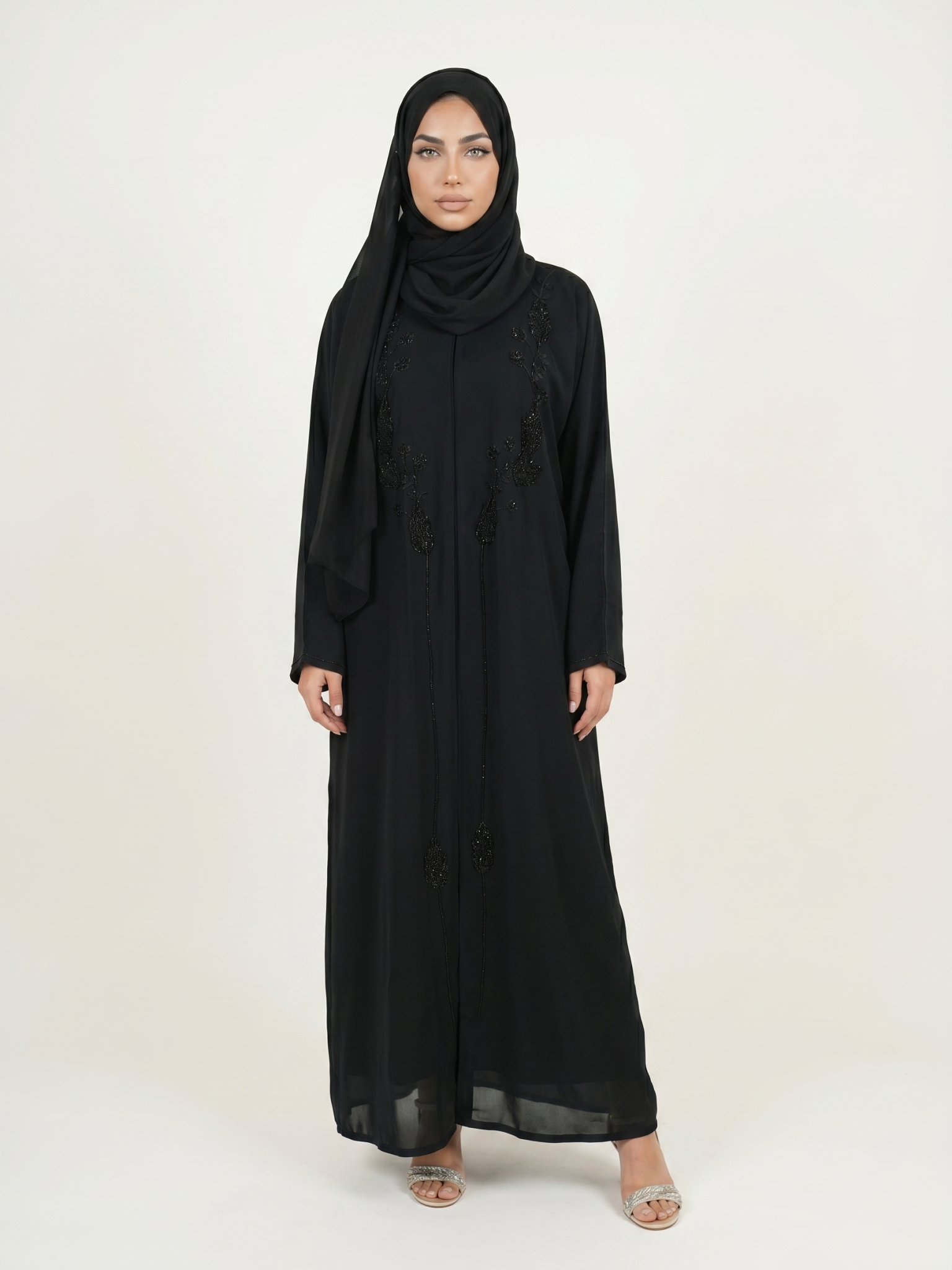 Elegant Black Embroidered Abaya Maxi Dress