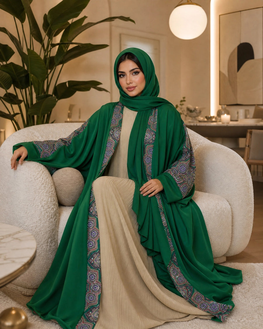 Royal Green Abaya set Moroccan print