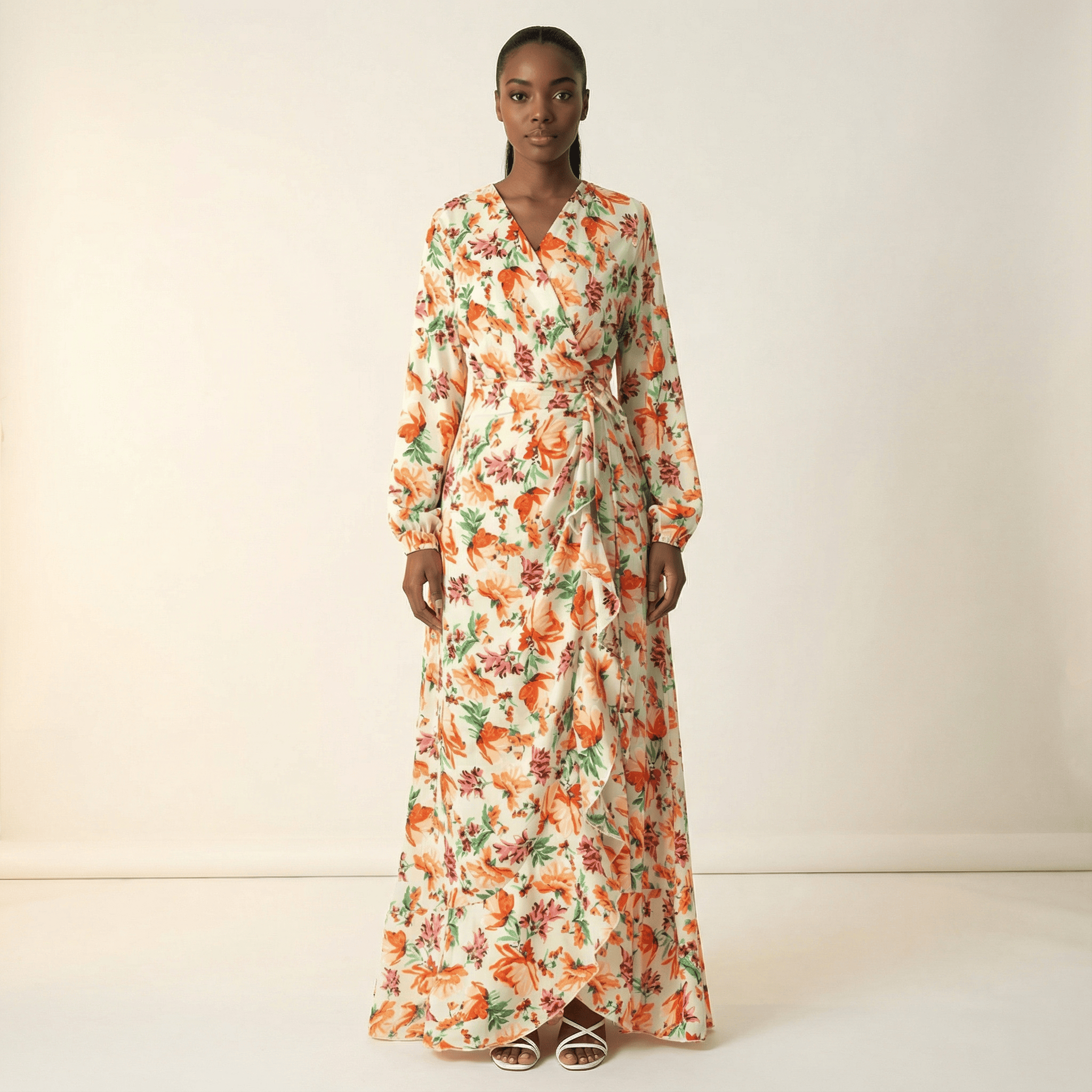 Amina print wrapped satin modest dress Kabayare