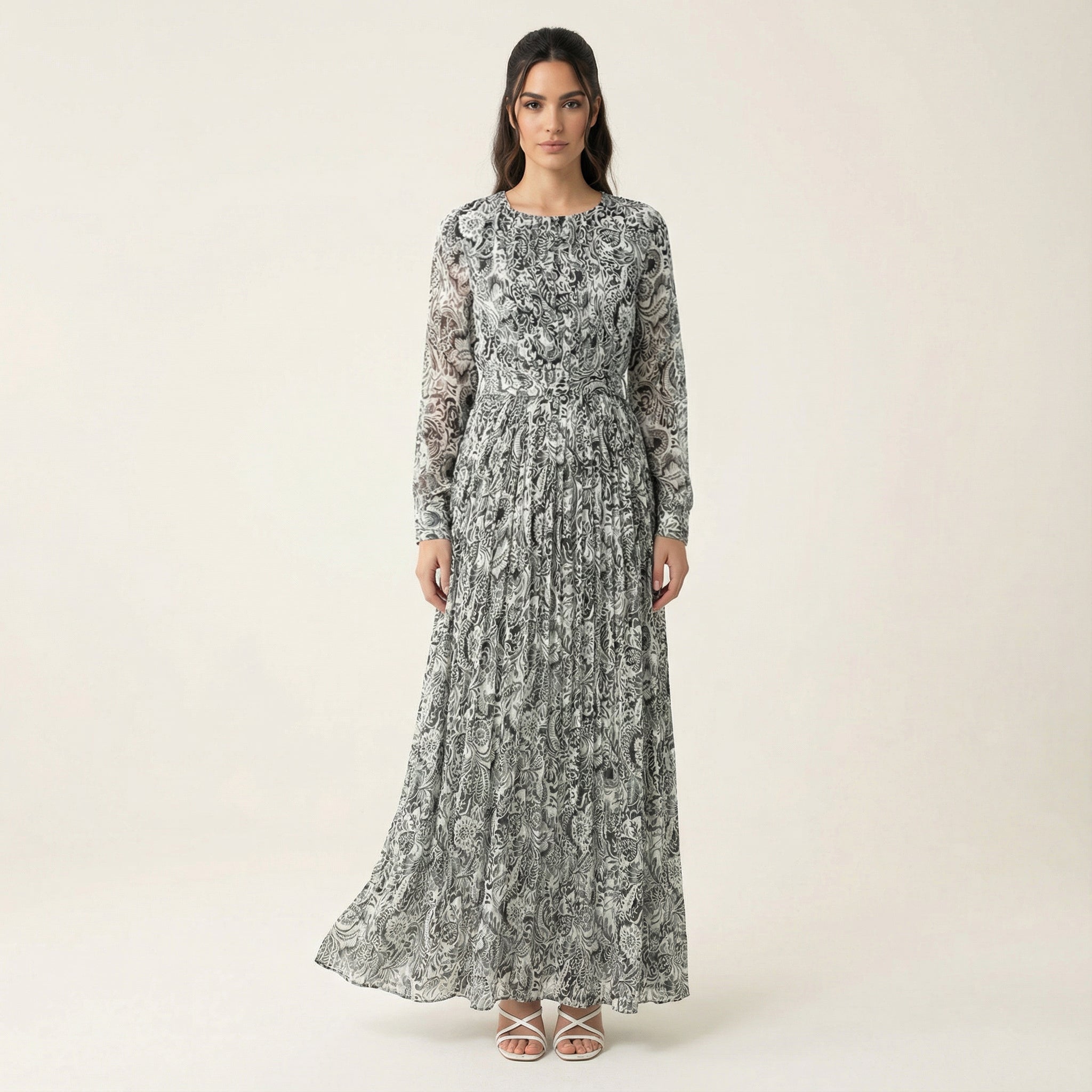 Black and White henna print silk chiffon shimmer maxi dress Kabayare