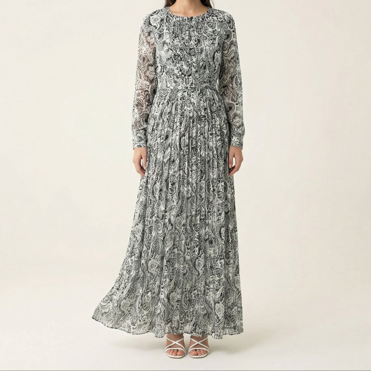 Black and White henna print silk chiffon shimmer maxi dress Kabayare