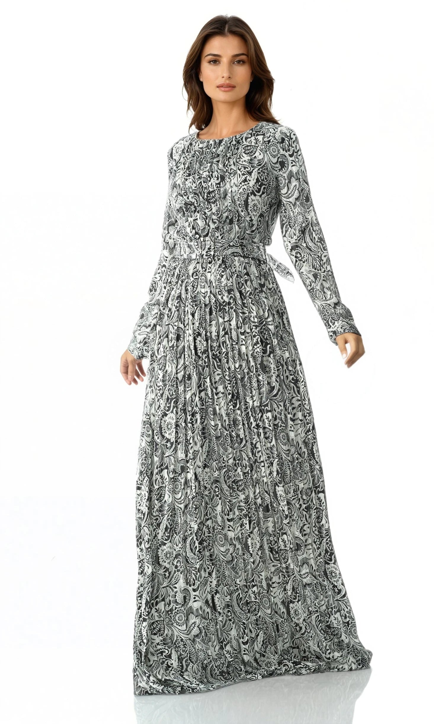 Black and White henna print silk chiffon shimmer maxi dress Kabayare