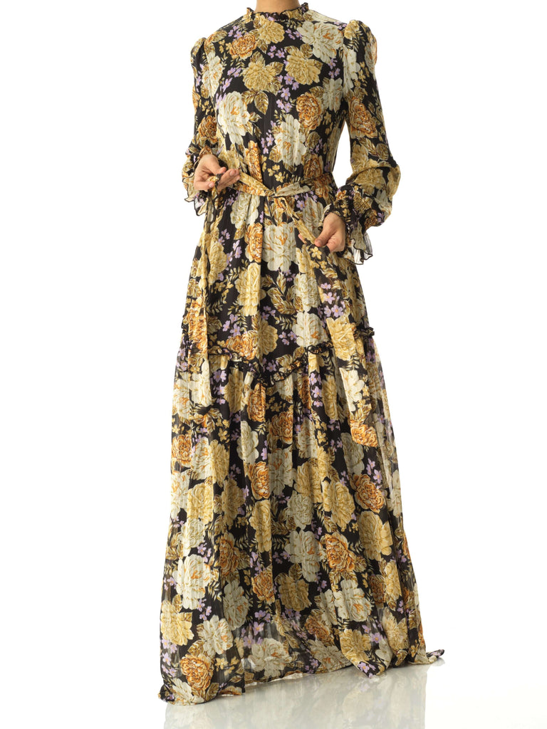 Black Beautiful golden Peony floral modest maxi dress Kabayare