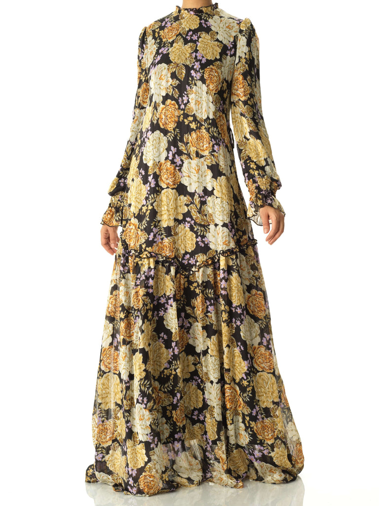 Black Beautiful golden Peony floral modest maxi dress Kabayare