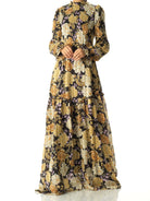 Black Beautiful golden Peony floral modest maxi dress Kabayare