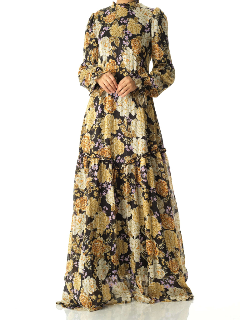 Black Beautiful golden Peony floral modest maxi dress Kabayare
