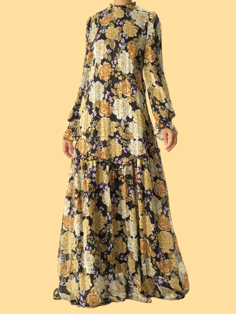 Black Beautiful golden Peony floral modest maxi dress Kabayare