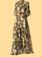 Black Beautiful golden Peony floral modest maxi dress Kabayare