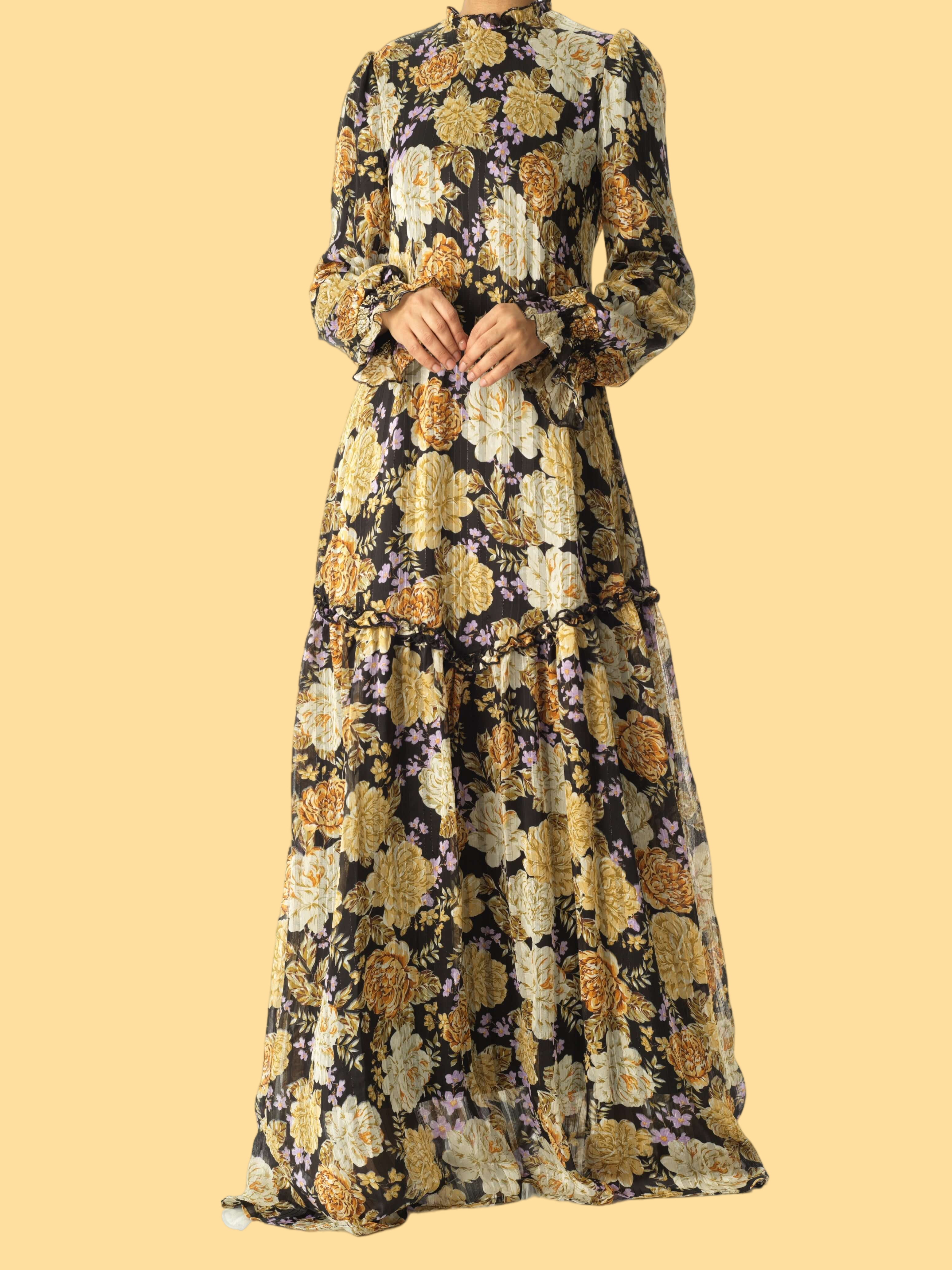 Black Beautiful golden Peony floral modest maxi dress Kabayare