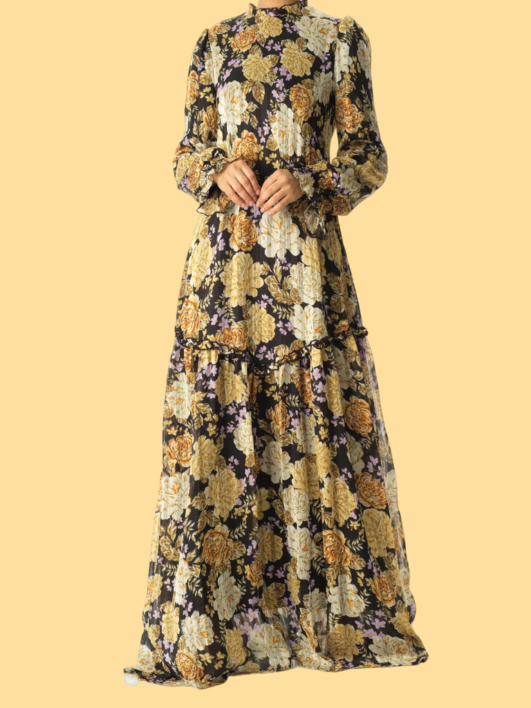 Black Beautiful golden Peony floral modest maxi dress Kabayare