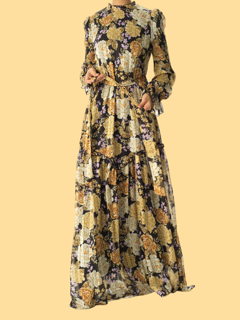 Black Beautiful golden Peony floral modest maxi dress Kabayare