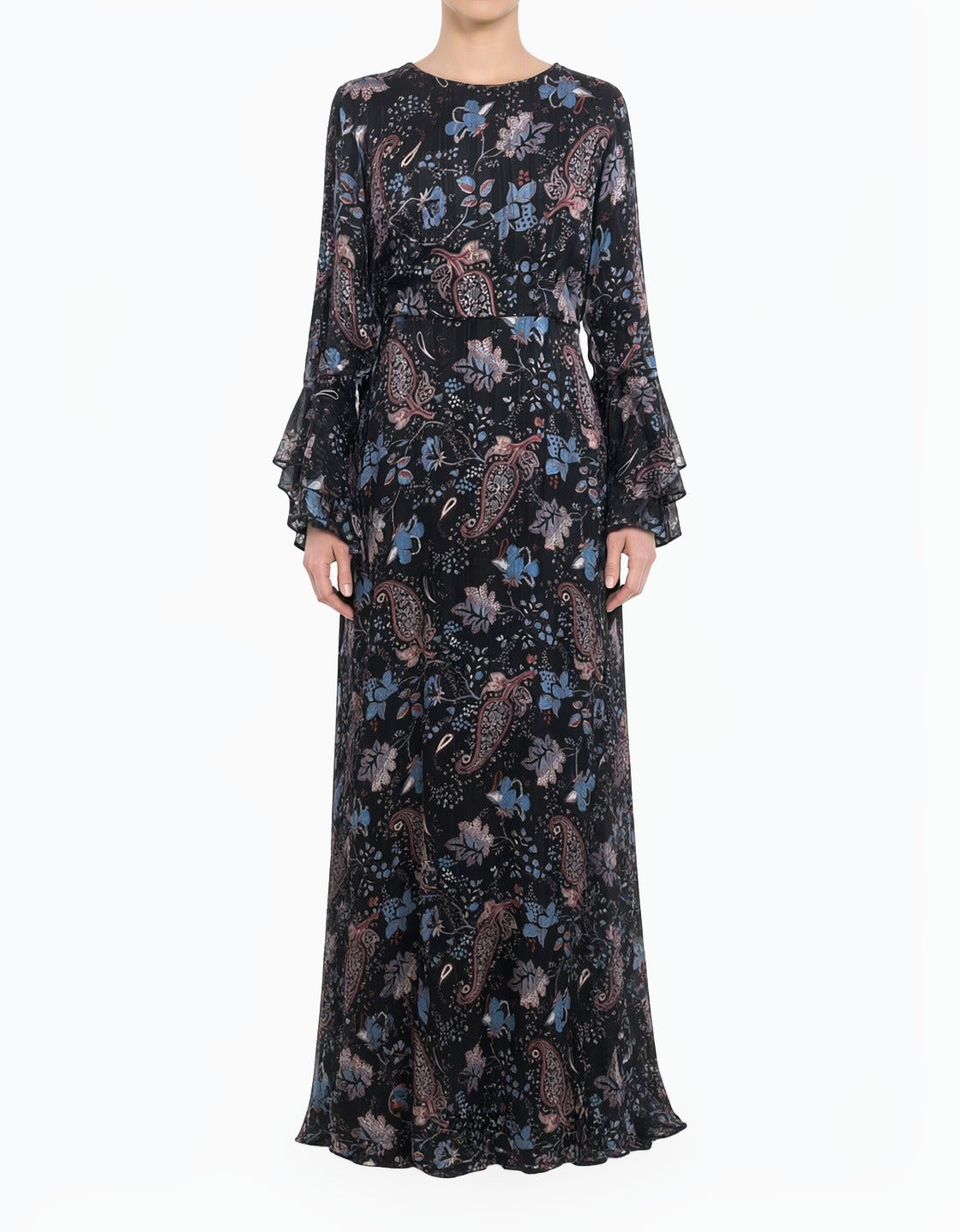 Black Floral Verona Bell Sleeve Modest Maxi Dress Kabayare