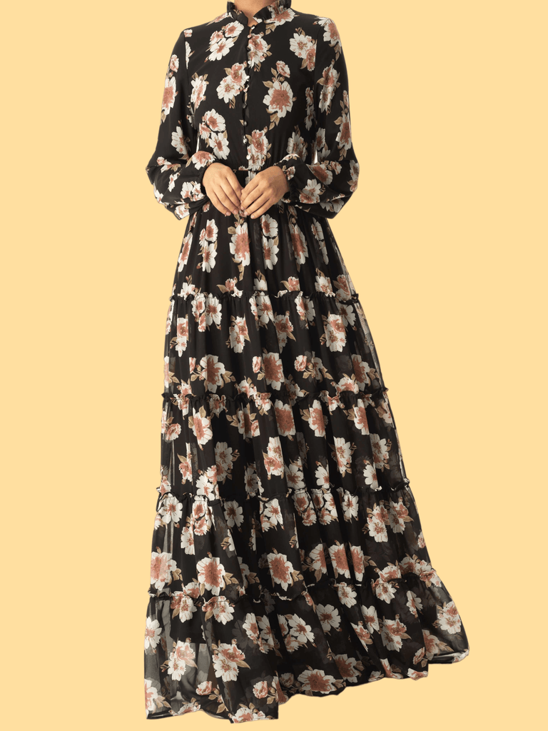 Black Hibiscus floral print modest dress Kabayare