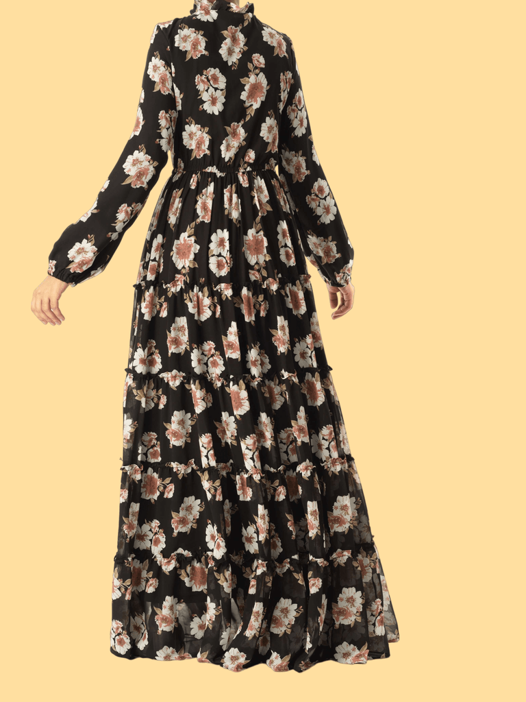 Black Hibiscus floral print modest dress Kabayare