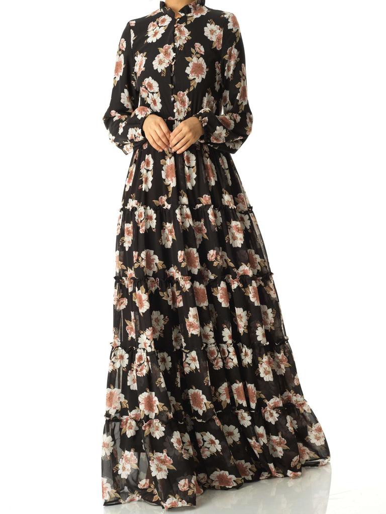 Black Hibiscus floral print modest maxi dress Kabayare