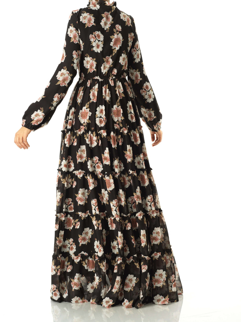 Black Hibiscus floral print modest maxi dress Kabayare