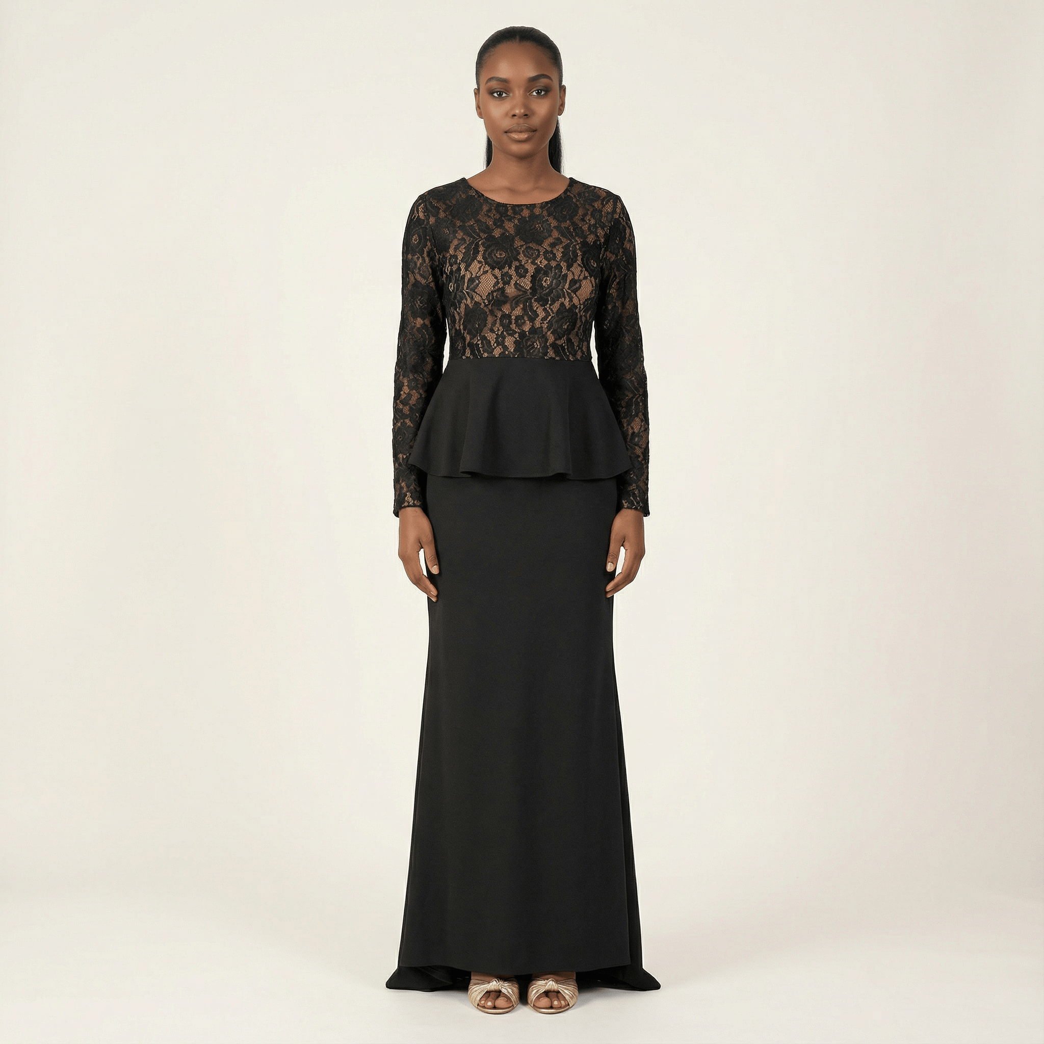 Black lace-top peplum modest dress Kabayare