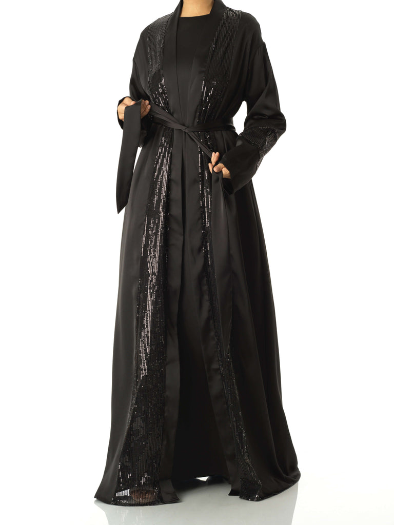 Black Malika sequin Abaya satin set Kabayare
