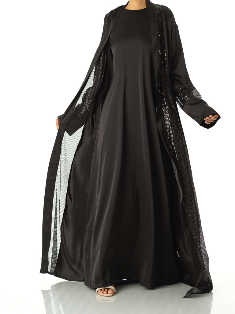 Black Malika sequin Abaya satin set Kabayare