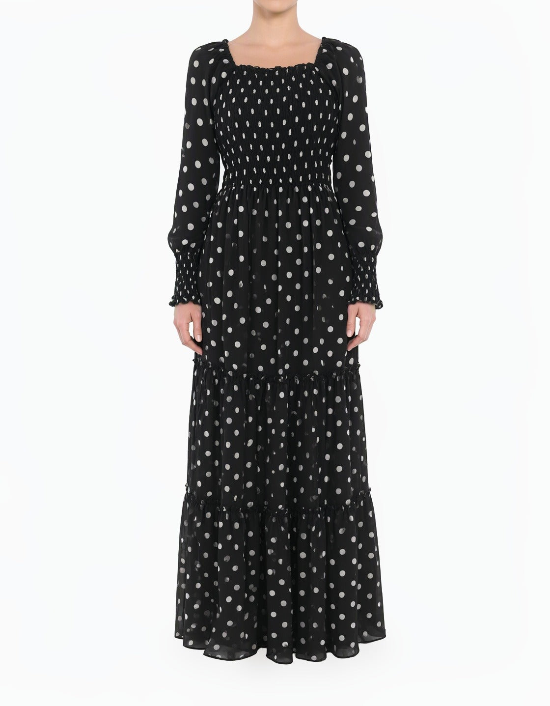 Black Polka Dot Sorrento Smocked Tiered Modest Maxi Dress Kabayare