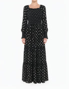 Black Polka Dot Sorrento Smocked Tiered Modest Maxi Dress Kabayare