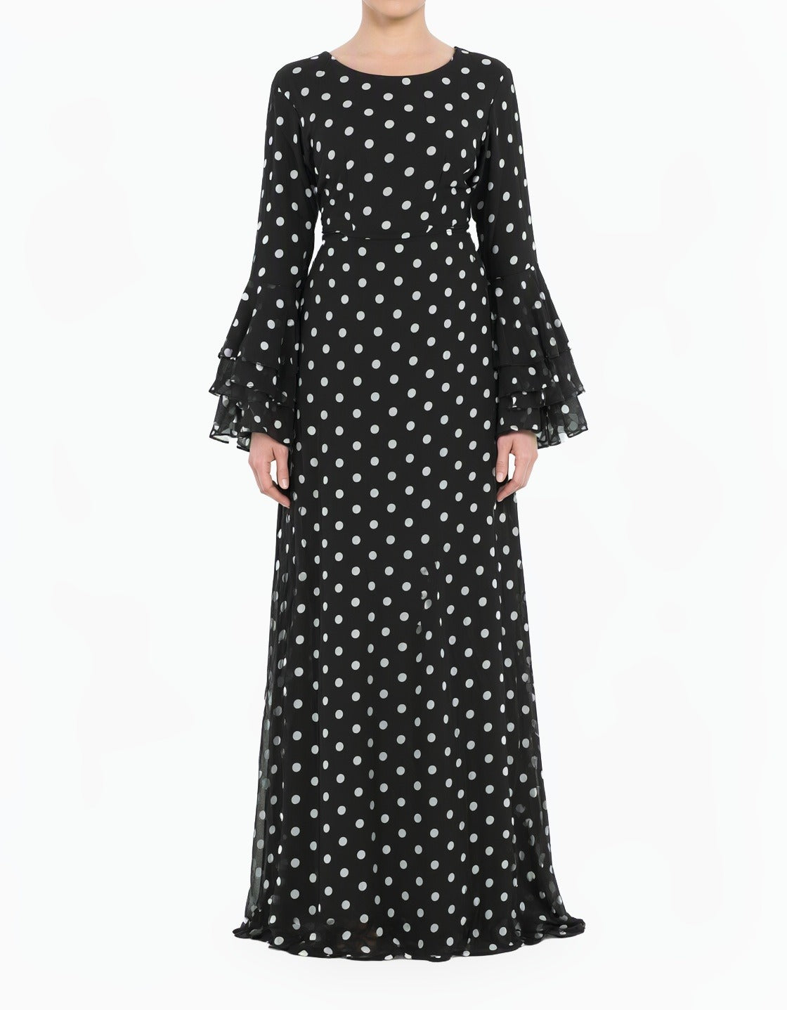 Black Polka Dot Verona Bell Sleeve Modest Maxi Dress Kabayare