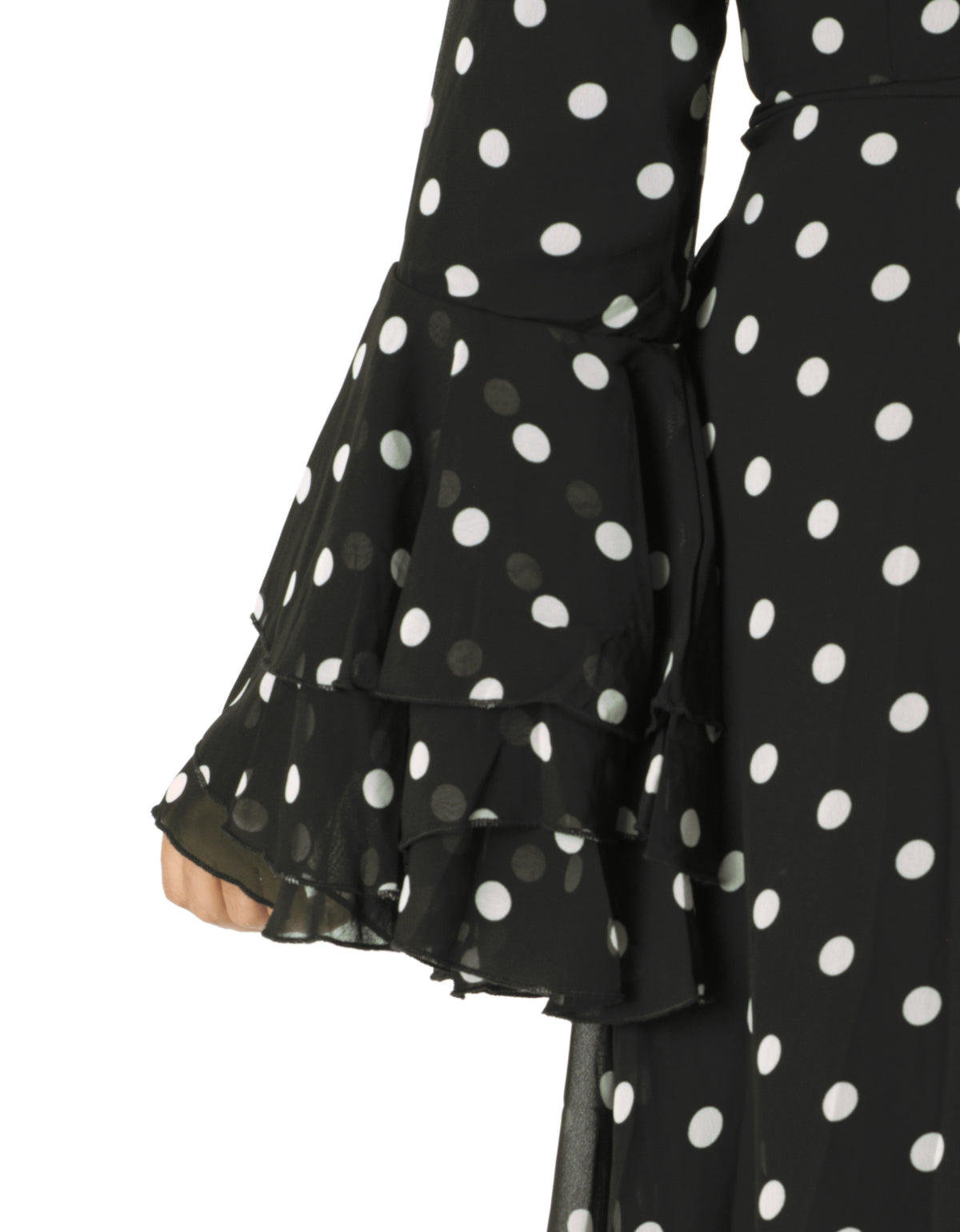 Black Polka Dot Verona Bell Sleeve Modest Maxi Dress: sleeve detail