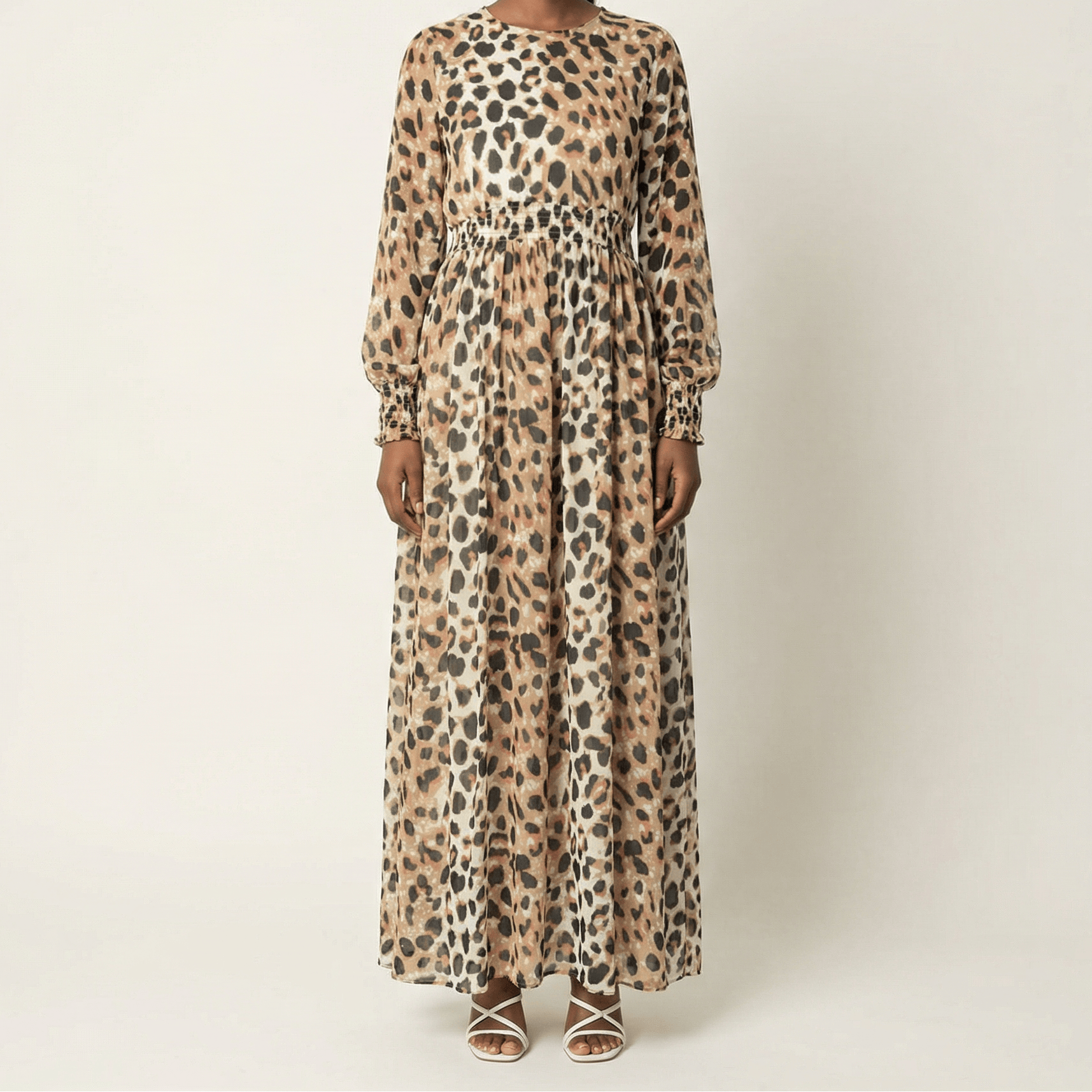 Blush scrunched leopard print maxi modest dress Kabayare