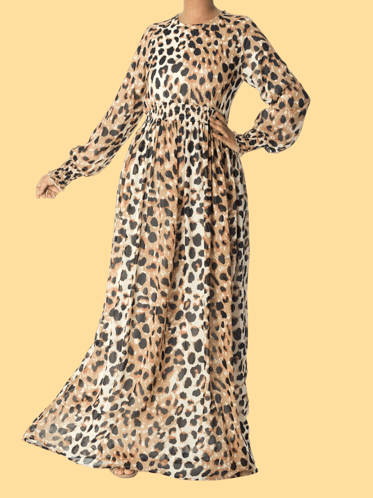 Blush scrunched leopard print maxi modest dress Kabayare